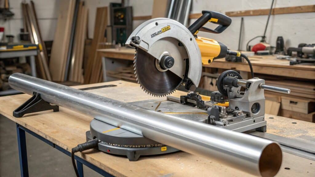 alt text: Miter saw set up to cut aluminum tubing